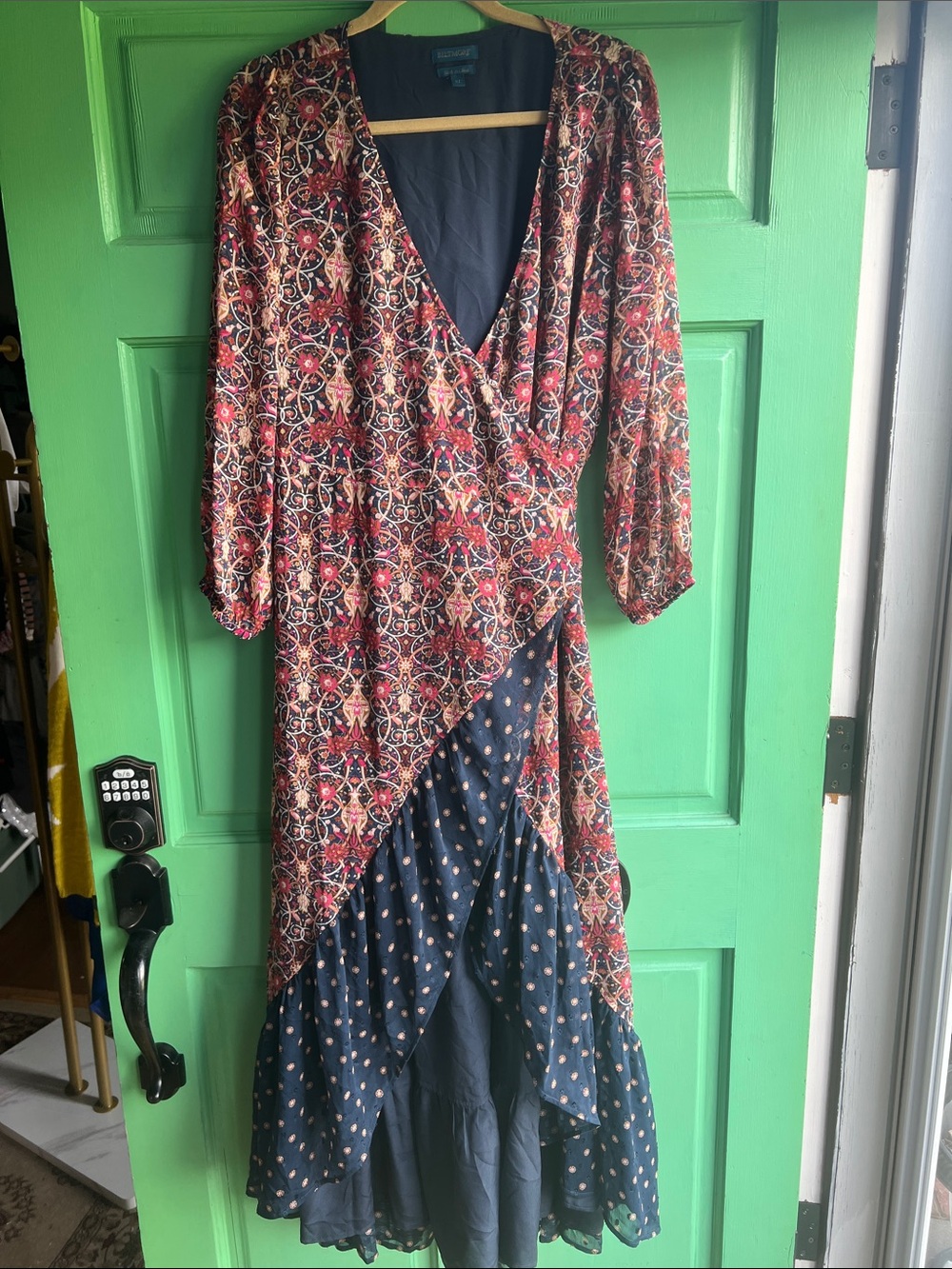 Biltmore High-Low Wrap Dress in navy and vintage hues - XL